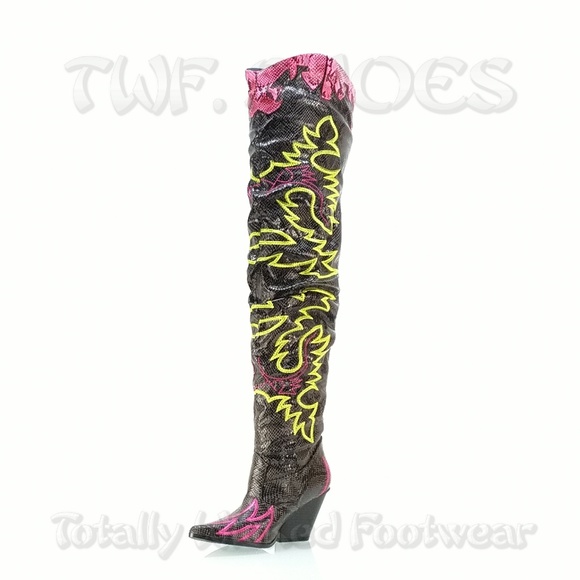 Thigh High Western cowboy slouch boots black neon - Picture 10 of 16